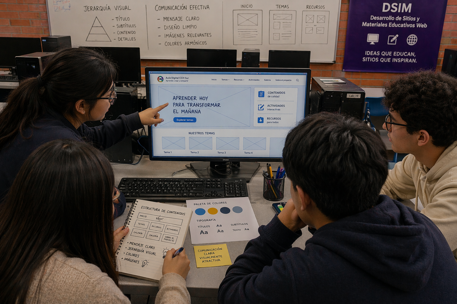 Estudiantes revisando estructura de contenidos y comunicación visual