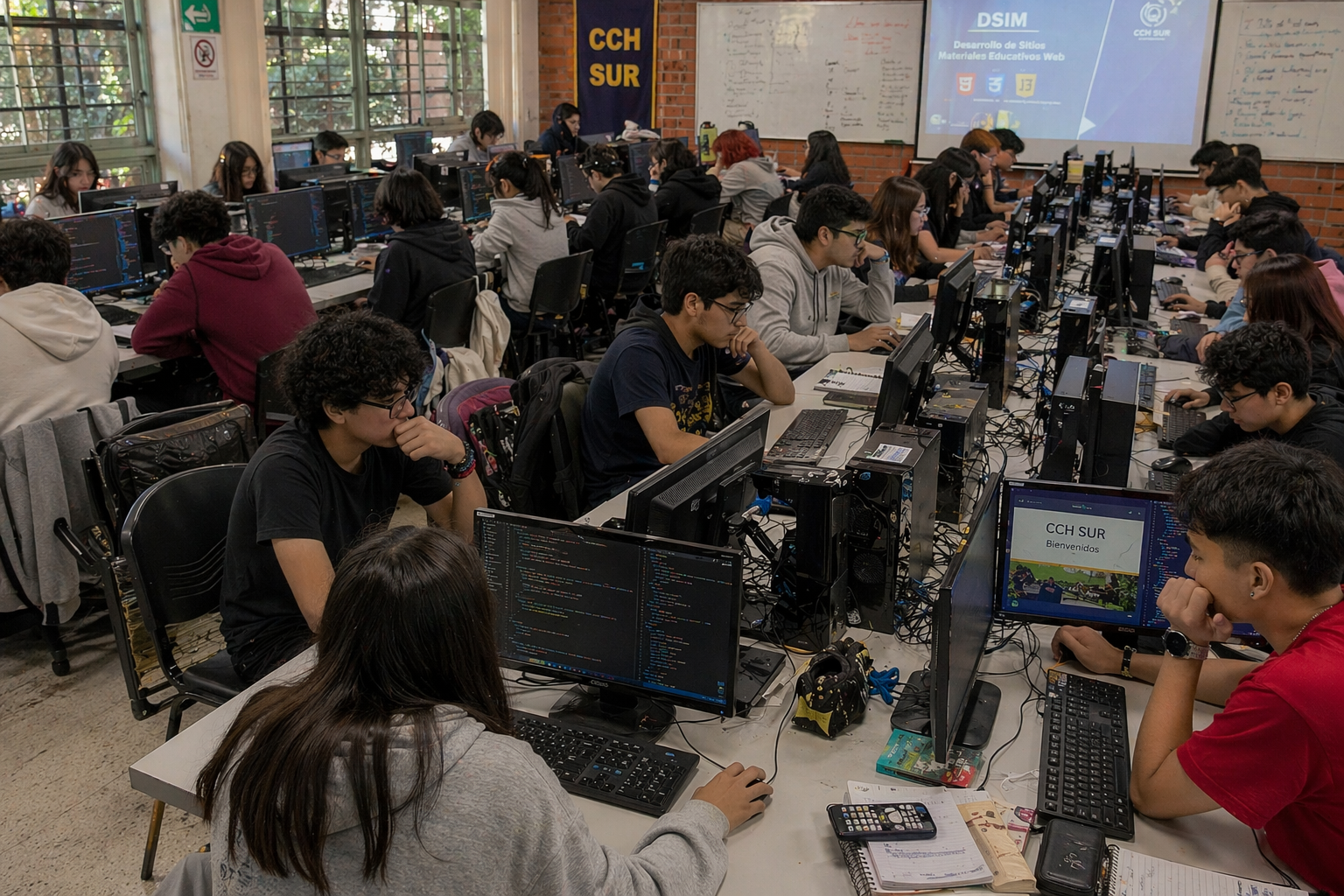 Alumnos trabajando en un laboratorio de cómputo en un proyecto web