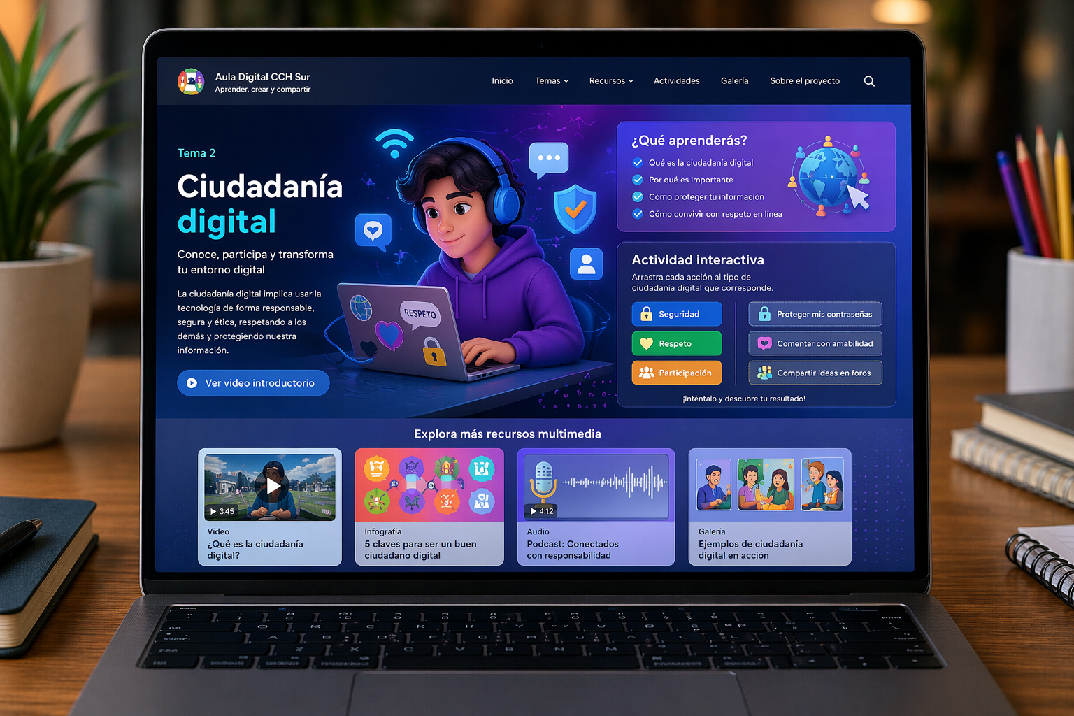 Ejemplo de material multimedia y elementos visuales para un sitio educativo